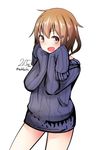  :d bad_id bad_pixiv_id brown_eyes brown_hair dated fang hair_ornament hairclip ikazuchi_(kantai_collection) kantai_collection nekobaka open_mouth ribbed_sweater short_hair signature sleeves_past_wrists smile solo sweater twitter_username 