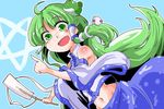  detached_sleeves frog frog_hair_ornament gohei green_eyes green_hair hair_ornament highres kochiya_sanae long_hair midriff navel open_mouth shinapuu smile snake snake_hair_ornament solo star touhou 