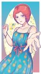  1girl absurdres alternate_costume blue_dress bracelet casual commentary_request cowboy_shot dress gundam hair_bun half-closed_eyes hands_up highres jewelry kycilia_zabi light_blush mobile_suit_gundam orange_hair outstretched_arm outstretched_hand parted_lips pineapple_print print_dress purple_eyes reaching reaching_towards_viewer shizuoka_(sz0k) single_hair_bun sleeveless sleeveless_dress smile solo spaghetti_strap 