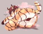 anthro bodily_fluids butt felid female fur genital_fluids genitals hair hi_res in_heat lying mammal multicolored_body multicolored_fur nude orange_body orange_fur pantherine pheromones pussy solo stripes taigazkr tail text tiger torao_(taigazkr) vaginal_fluids white_body white_fur