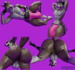 3d_(artwork) 5_fingers abs anthro backsack balls balls_outline big_butt black_clothing black_eyebrows black_fingerless_gloves black_gloves black_handwear black_headwear black_nose brown_body brown_fur bulge butt camseven canid canine canis cheek_tuft clothing detailed_bulge digital_media_(artwork) epic_games eyebrows facial_tuft featureless_chest fingerless_gloves fingers fortnite fur fur_tuft genital_outline genitals gloves hands_behind_head handwear headgear headwear hi_res jockstrap looking_at_viewer looking_back looking_back_at_viewer male mammal multicolored_body multicolored_fur navel penis_outline pink_tongue pose purple_background simple_background snout solo tail tongue tongue_out tuft two_tone_body two_tone_fur underwear wendell_(fortnite) white_body white_fur wolf yellow_sclera