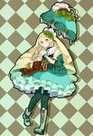  blonde_hair blue_eyes boots checkered checkered_background fingernails flower food frilled_skirt frills full_body gradient_hair green_footwear green_hair green_legwear green_nails green_skirt hair_flower hair_ornament highres ice_cream looking_at_viewer mint mismatched_footwear mizuumi_aoi multicolored_hair nail_polish original over_shoulder pantyhose parasol pearl personification pocketland shoes single_boot single_shoe skirt solo standing umbrella 