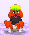 anthro bob_cut canid canine canis citrus_(rocky-marbles) clothing crouching diaper domestic_dog feces female footwear full_diaper fur hand_on_diaper hand_on_knee hand_on_leg hi_res looking_down mammal orange_body orange_fur pooping pull-ups_(diaper) purple_background puzzle_piece puzzle_pieces rocky-marbles shirt simple_background smug socks soiled_diaper soiling soiling_diaper solo t-shirt tongue tongue_out topwear touching_diaper unclean_diaper used_diaper
