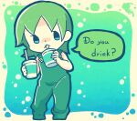  1girl absurdres blue_eyes border chibi commentary cup disposable_cup drink drinking drinking_straw english_text foo_fighters_(jojo) green_hair green_overalls highres holding holding_cup holding_drink jojo_no_kimyou_na_bouken m_a_a_m_8 overalls short_hair solo speech_bubble standing stone_ocean symbol-only_commentary 