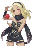  1girl apple bare_shoulders black_scarf blonde_hair closed_mouth commentary dark-skinned_female dark_skin dress floating food fruit gravity_daze hairband highres kitten_(gravity_daze) long_hair looking_at_viewer red_eyes scarf simple_background sktkhr smile solo strapless vambraces white_background zero_gravity 