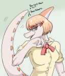 2025 5_fingers anthro biped blonde_hair bone_frill bow_tie breasts claws clothed clothed_anthro clothed_female clothing colored dialogue dinosaur english_text eyelashes eyewear female finger_claws fingers frill_(anatomy) front_view glasses goodbye_volcano_high green_eyes hadrosaurid hair half-length_portrait head_turned hi_res humanoid_hands insult insulting_viewer long_tail looking_at_viewer medium_breasts medium_hair motion_lines multicolored_body multicolored_scales naomi_(gvh) non-mammal_breasts open_mouth orange_body orange_scales ornithischian ornithopod parasaurolophus portrait prehistoric_species red_bow_tie reptile rumydaigo scales scalie shirt simple_background smug solo spiked_tail spikes spikes_(anatomy) tail tail_motion tailwag talking_to_viewer taunting teeth text topwear two_tone_body two_tone_scales white_body white_clothing white_scales white_shirt white_topwear