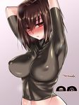  :&lt; arms_up artist_name blush breasts collarbone covered_nipples full-face_blush hair_between_eyes hyuuga_(kantai_collection) kantai_collection large_breasts navel red_eyes short_sleeves skin_tight solo sweatdrop tokita_monta upper_body 