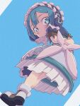  1boy :o arms_behind_back blue_background blue_eyes blue_hair blush bright_pupils crossdressing dress frills from_below full_body hashtag-only_commentary highres looking_at_viewer looking_down made_in_abyss maid maid_headdress male_focus maruruk otoko_no_ko puffy_short_sleeves puffy_sleeves short_hair short_sleeves simple_background solo whistle ximu_shilang 