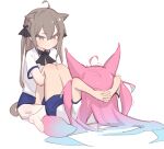  1boy 1girl ahoge animal_ears arms_behind_head bare_legs bibiko_(shippitsu) bow bowtie brown_eyes brown_hair closed_mouth fox_ears fox_girl fox_tail gym_uniform hair_between_eyes hair_bow highres holding_another&#039;s_leg indie_virtual_youtuber long_bangs long_hair looking_at_another lying multiple_tails otoko_no_ko pantyhose pink_hair shippitsu simple_background sitting soles tail teletha_(vtuber) trembling virtual_youtuber white_background white_pantyhose 