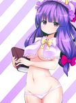  book bow breasts capelet crescent doku_corne hair_bow hat highres large_breasts long_hair lowleg lowleg_panties navel panties patchouli_knowledge purple_eyes purple_hair shiny shiny_skin solo striped striped_background touhou underboob underwear 