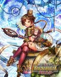  belt braid brown_hair chain clock copyright_name crossed_legs fingerless_gloves gears gloves goggles goggles_on_head hand_on_own_chin hat high_heels long_hair looking_at_viewer pink_legwear pouch shinma_x_keishou!_ragnabreak single_braid sitting skirt smile solo steampunk taku_(fishdrive) thighhighs top_hat wrist_cuffs 