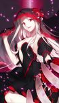  black_dress breasts cleavage craft_essence detached_sleeves dress fate/grand_order fate/zero fate_(series) flower hair_flower hair_ornament irisviel_von_einzbern long_hair looking_at_viewer medium_breasts nakahara_(mu_tation) official_art open_mouth red_eyes sideboob silver_hair sleeveless sleeveless_dress solo 