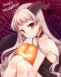  :o bare_arms black_dress blonde_hair blush chain choker collarbone demon_wings dress glowing halloween happy_halloween itou_nanami jack-o'-lantern legs long_hair looking_at_viewer original pointy_ears red_background red_eyes silk simple_background sitting sleeveless sleeveless_dress solo spider_web very_long_hair wings 