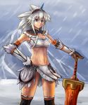  black_gloves blue_eyes breasts cleavage clenched_hand collar elbow_gloves gem gloves hairband hand_on_hip highres horn kirin_(armor) kneehighs midriff monster_hunter navel silver_hair skirt small_breasts smile snow solo sword tesshii_(riza4828) triangle_mouth weapon 