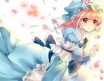  blush dress flower hat japanese_clothes looking_at_viewer nagare open_mouth petals pink_eyes pink_hair saigyouji_yuyuko short_hair solo touhou triangular_headpiece 