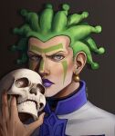  1boy cioccolata commentary earrings english_commentary facepaint green_eyes green_hair high_collar highres holding holding_skull jewelry jojo_no_kimyou_na_bouken looking_at_viewer makeup male_focus medium_hair portrait purple_lips shirt skull solo vento_aureo white_shirt zip_lock05 