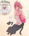  2girls :3 :d ahoge animal_ears asymmetrical_legwear blue_shirt blunt_bangs blunt_sidelocks blush brown_cardigan cardigan cardigan_around_waist cat cat_ears cat_shadow_puppet_(meme) cellphone clothes_around_waist collared_shirt commentary_request fake_animal_ears fake_tail full_body grey_leg_warmers hanpen_(love_live!) heart highres holding holding_phone jacket kishimen_hair leg_warmers long_sleeves looking_down love_live! love_live!_nijigasaki_high_school_idol_club meme miniskirt miyashita_ai multiple_girls neck_ribbon nijigasaki_school_uniform official_alternate_costume open_clothes open_jacket phone pink_jacket pink_ribbon pink_shoes pink_skirt pleated_skirt ribbon school_uniform shadow shirt shoes short_sleeves sidelocks skirt slav_squatting smartphone smile speech_bubble spoken_character squatting summer_uniform tail taking_picture tennoji_rina uneven_legwear watashi_wa_magnet white_cat white_leg_warmers yellow_eyes yoon_(yoon_lovelive) 