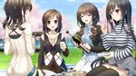  aikawa_arisa_(kiss_ato) black_eyes black_hair black_legwear blue_eyes blush bottle closed_eyes cup drink food game_cg grass happy hitsuji_takako hoshimi_tsukuyo kiss_ato_kiss_will_change_my_relation_with_you legs long_hair mikoto_akemi multiple_girls natsume_azusa open_mouth picnic short_hair sitting skirt smile takanashi_madoka takei_ooki thighs tree twintails 