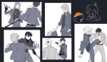  5boys 5girls absurdres bandaid bandaid_on_face bandaid_on_nose bang_dream! bang_dream!_it&#039;s_mygo!!!!! baseball_bat black_background black_gloves black_hair black_shirt brown_hair chihaya_anon chinese_commentary closed_mouth commentary_request crowbar fang gloves grey_hair grey_jacket grey_pants gun handgun highres holding holding_baseball_bat holding_crowbar holding_gun holding_weapon iebauhoamnait jacket kaname_raana kemonomimi_mode kicking long_hair long_sleeves multiple_boys multiple_girls mygo!!!!!_(bang_dream!) nagasaki_soyo pants shiina_taki shirt short_hair sleeves_rolled_up smile spot_color takamatsu_tomori weapon white_background white_shirt 