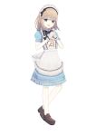  1girl :d absurdres apron back_bow black_bow black_bowtie blonde_hair blue_dress blue_eyes bow bowtie brown_shoes clothes_writing collared_shirt commentary_request dress frilled_apron frilled_dress frilled_gloves frills full_body gloves hair_bow hands_on_own_chest hands_up highres knees_apart_feet_together loafers maid_apron maid_headdress medium_dress medium_hair no_socks open_mouth original own_hands_together puffy_short_sleeves puffy_sleeves riuichi shirt shoes short_sleeves sidelocks simple_background smile solo standing teeth upper_teeth_only white_apron white_background white_bow white_gloves white_shirt wing_collar 