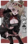  1boy 4girls black_jacket black_skirt black_thighhighs black_tube_top blonde_hair breasts burnice_white caesar_king_(zenless_zone_zero) cleavage crop_top eyewear_on_head highres jacket large_breasts lighter_(zenless_zone_zero) luciana_de_montefio medium_hair multiple_girls ok_sign ok_sign_over_eye open_mouth ox_xohappy piper_wheel red-tinted_eyewear red_eyes skirt spiked_jacket strapless thighhighs tinted_eyewear tube_top twintails zenless_zone_zero 