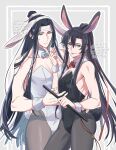  2boys :p alternate_costume animal_ear_hairband animal_ears bare_shoulders black_hair black_leotard black_pantyhose blue_bow blue_bowtie border bow bowtie bulge closed_mouth crossdressing dated detached_collar fake_animal_ears fake_tail flute flute_tassel hair_ribbon hairband hand_on_another&#039;s_chin hand_on_another&#039;s_waist headband highres holding holding_flute holding_instrument inset_border instrument kimako_(kimako_8) lan_wangji leotard long_hair looking_at_viewer male_focus male_playboy_bunny modao_zushi multiple_boys otoko_no_ko pantyhose pectoral_cleavage pectorals playboy_bunny ponytail purple_eyes rabbit_ears rabbit_tail red_bow red_bowtie red_ribbon ribbon sidelocks smile strapless strapless_leotard sweatdrop tail tassel tongue tongue_out topknot twitter_username very_long_hair watermark wei_wuxian white_headband white_leotard wrist_cuffs xiao_guan_(headdress) yaoi yellow_eyes 
