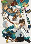  age_progression bad_id bad_pixiv_id book boots brown_hair circlet cloak falling green_eyes male_focus mikleo_(tales) multiple_boys on_lap open_mouth outstretched_arms purple_eyes smile sorey_(tales) staff sword tales_of_(series) tales_of_zestiria tasasakiamagu weapon white_hair younger 