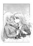  2girls absurdres bang_dream! bang_dream!_it&#039;s_mygo!!!!! blush cema chihaya_anon chinese_commentary collared_shirt commentary_request eye_contact flower greyscale hand_on_another&#039;s_chin haneoka_school_uniform highres holding holding_ribbon jacket lily_(flower) long_hair looking_at_another monochrome multiple_girls nagasaki_soyo neck_ribbon parted_lips ribbon sailor_collar school_uniform shirt smile tsukinomori_school_uniform undone_neck_ribbon yuri 