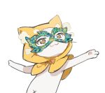  :3 animal_focus bow bowtie brown_eyes capelet cat_princess closed_mouth dancing ear_covers green_mask happy hood hood_up hooded_capelet infinity_nikki looking_ahead mask masquerade_mask momo_(nikki) navel nikki_(series) no_humans orange_bow orange_bowtie outstretched_arms pawpads pom_pom_(clothes) simple_background smile solo traditional_bowtie white_background yellow_capelet 