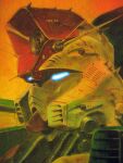  1980s_(style) aeug artist_request beam_cannon blue_eyes character_name concept_art energy_cannon glowing glowing_eyes gundam gundam_zz highres machinery mecha mecha_focus mobile_suit official_art production_art realistic retro_artstyle robot scan science_fiction traditional_media v-fin zz_gundam 