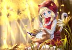  animal_ears apron bad_id bad_pixiv_id baguette basket blonde_hair blue_eyes bottle bow bowtie bread brown_fur cape cat_ears cat_tail dress falling_leaves food forest gorua_(youce01) grass index_finger_raised leaf light_rays little_red_riding_hood low_twintails nature open_mouth original red_cape red_dress red_footwear shirt shoes sitting solo squirrel striped tail tree twintails waist_apron wariza white_legwear white_shirt wine_bottle 