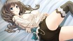  aikawa_arisa_(kiss_ato) ass bed belt black_legwear blue_eyes blush breasts brown_hair collar crossed_arms game_cg kiss_ato_kiss_will_change_my_relation_with_you large_breasts legs long_hair looking_at_viewer lying mikoto_akemi shorts solo thighs 