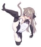  1boy absurdres ahoge animal_ears bare_shoulders bibiko_(shippitsu) black_boots black_gloves black_skirt blush boots bow bowtie brown_eyes brown_hair chinese_commentary commentary_request covered_navel elbow_gloves frilled_skirt frills gloves hair_between_eyes hair_bow half-closed_eyes high_heel_boots high_heels highres indie_virtual_youtuber leotard long_bangs long_hair one_eye_closed open_mouth otoko_no_ko panties panties_over_pantyhose pantyhose pleated_skirt shadow shippitsu sidelocks simple_background skirt solo split standing standing_on_one_leg standing_split tail thigh_boots trembling underwear virtual_youtuber white_background white_leotard white_panties white_pantyhose 