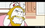 animated anthro asgore_dreemurr beard black_hair blonde_hair blood bodily_fluids bovid bovid_horn caprine caprine_horn clothing coat crossover dark_humor deer deltarune dess_holiday evil_grin facial_hair female flashback goat goat_horn green_clothing green_coat green_topwear hair horn killing low_res male mammal open_season running smile topwear triki_troy undertale undertale_(series)