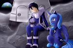  2014 astronaut blue_eyes blue_hair earth equine female friendship_is_magic hair horn human male mammal moon my_little_pony necklace plant princess_luna_(mlp) sitting space_suit vavacung winged_unicorn wings 