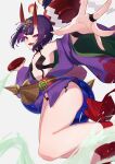  1girl absurdres bare_shoulders blush breasts bridal_gauntlets collarbone cup eyeliner fate/grand_order fate_(series) food fruit gourd grapes headpiece highres horns izanaware_game japanese_clothes kimono long_sleeves looking_at_viewer makeup oni open_mouth outstretched_arm peach pointy_ears purple_eyes purple_hair purple_kimono revealing_clothes sakazuki short_hair shuten_douji_(fate) skin-covered_horns small_breasts smile solo thighs white_background wide_sleeves 