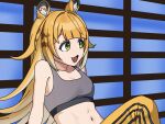  1girl :3 :d animal_ear_fluff animal_ears bare_shoulders blonde_hair breasts cleavage commentary_request crop_top fang green_eyes highres ju_fufu long_hair manatsu_no_yo_no_inmu midriff navel okomeyama open_mouth pants scene_reference small_breasts smile solo sports_bra stomach tiger_ears very_long_hair yellow_pants zenless_zone_zero 