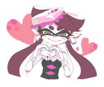  1girl aori_(splatoon) bare_shoulders black_hair blush commentary_request detached_collar domino_mask earrings eyelashes gloves hat heart heart_hands jewelry long_hair looking_at_viewer mask mebuita mole mole_under_eye multicolored_hair official_style pointy_ears smile solo splatoon_(series) splatoon_1 tentacle_hair two-tone_hair yellow_eyes 