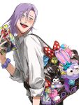  1boy bag bag_charm blue_eyes blush character_charm character_request charm_(object) collared_shirt commentary commentary_request formaggio highres illuso jojo_no_kimyou_na_bouken male_focus melone merchandise open_mouth orion_on_rio polka_dot polka_dot_scrunchie purple_hair school_bag scrunchie shirt shoulder_bag smile solo sticker stuffed_toy vento_aureo white_background white_shirt wrist_scrunchie 