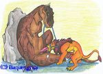  balls blaquetygriss cum cum_in_mouth cum_inside cum_on_tail dinosaur erection feline feral invalid_color leach lion male male/male mammal mane master/pet oral penis rock scalie size_difference sucking t_rex tagme watermark 