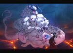 abs animal_genitalia anthro ao_guang biceps blush clenched_teeth clothed clothed/nude clothing dragon duo eastern_dragon egg egg_from_cloaca embarrassed genital_slit genitals hair hand_on_abs hi_res human kazhijun kneeling male male/male mammal muscular muscular_male mythological_creature mythological_scalie mythology nude oviposition robe scalie side_view size_difference standing teeth tongue tongue_out white_body