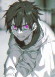  1boy black_hair hair_between_eyes jumpsuit looking_at_viewer male_focus monochrome ohsoukamo original pink_eyes round_teeth short_hair slit_pupils solo spot_color teeth upper_body wet white_jumpsuit 