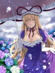  blonde_hair blue_flower breasts choker cleavage closed_mouth commentary_request cowboy_shot dress elbow_gloves flower gloves hat hat_ribbon highres holding holding_umbrella hydrangea kirisita large_breasts long_dress long_hair looking_at_viewer mob_cap outdoors overcast puffy_short_sleeves puffy_sleeves purple_dress purple_flower rain red_ribbon ribbon ribbon_choker short_sleeves skirt_hold sky smile touhou umbrella very_long_hair water_drop white_flower white_gloves white_hat yakumo_yukari yellow_eyes 