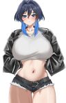  1girl ass_visible_through_thighs belt black_belt black_hair black_jacket black_shorts blue_eyes blue_hair blush breasts closed_mouth collarbone cropped_shirt earrings gradient_hair hair_intakes highres hololive hololive_english jacket jewelry large_breasts micro_shorts midriff multicolored_hair navel open_clothes open_jacket ouro_kronii shorts solo sweat white_background yobi_(ybpac18) 
