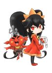  1girl absurdres ashley_(warioware) black_pantyhose demon demon_tail demon_wings dress full_body hair_between_eyes hairband highres holding holding_polearm holding_stuffed_toy holding_weapon kicdon long_hair long_sleeves pantyhose polearm red_(warioware) red_dress red_eyes red_shoes shoes stuffed_animal stuffed_rabbit stuffed_toy tail trident twintails very_long_hair warioware weapon white_background wings 