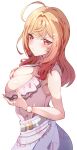  1girl absurdres ahoge blue_skirt blush breasts cleavage closed_mouth grabbing_own_breast hair_ornament hairpin highres hololive hololive_dev_is ichijou_ririka ichijou_ririka_(1st_costume) kentotto large_breasts looking_at_viewer medium_hair orange_eyes orange_hair pink_shirt puffy_cheeks shirt skirt sleeveless sleeveless_shirt solo virtual_youtuber 
