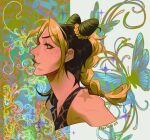  1girl birthmark blonde_hair braid braided_ponytail bug bun_with_braided_base butterfly commentary cone_hair_bun cropped_shoulders double_bun eggyboj floral_background green_eyes green_hair green_lips hair_bun highres joestar_birthmark jojo_no_kimyou_na_bouken kujo_jolyne makeup multicolored_hair profile solo sparkle stone_ocean two-tone_hair 