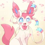 ambiguous_gender blue_eyes blush bow_(anatomy) bow_(feature) bubble cute_fangs eeveelution fangs feral fur generation_1_pokemon generation_6_pokemon giyuyuchan heart_symbol hi_res infatuation looking_at_viewer nintendo petals pink_body pink_fur pokemon pokemon_(species) ribbons_(anatomy) signature sitting solo sparkles sylveon teeth tendrils white_body white_fur