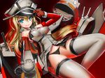  adjusting_clothes adjusting_hat bad_id bad_pixiv_id bismarck_(kantai_collection) black_panties blonde_hair blue_eyes daishou gloves gradient gradient_background grey_legwear hair_between_eyes hat iron_cross kantai_collection long_hair machinery panties peaked_cap red_background red_gloves smile solo thighhighs turret underwear uniform 