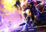 2boys absurdres achilles_(fate) armor blood blood_on_arm blood_on_face centaur chiron_(fate) electricity fate/grand_order fate_(series) fighting gauntlets green_hair highres injury kuropani_cos multiple_boys polearm short_hair squatting taur weapon 